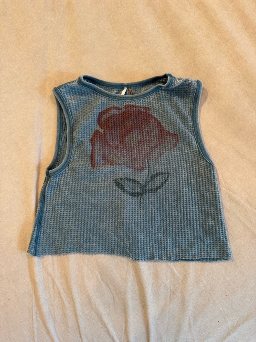 Free People Blue Waffle Tank with Rose Graphic